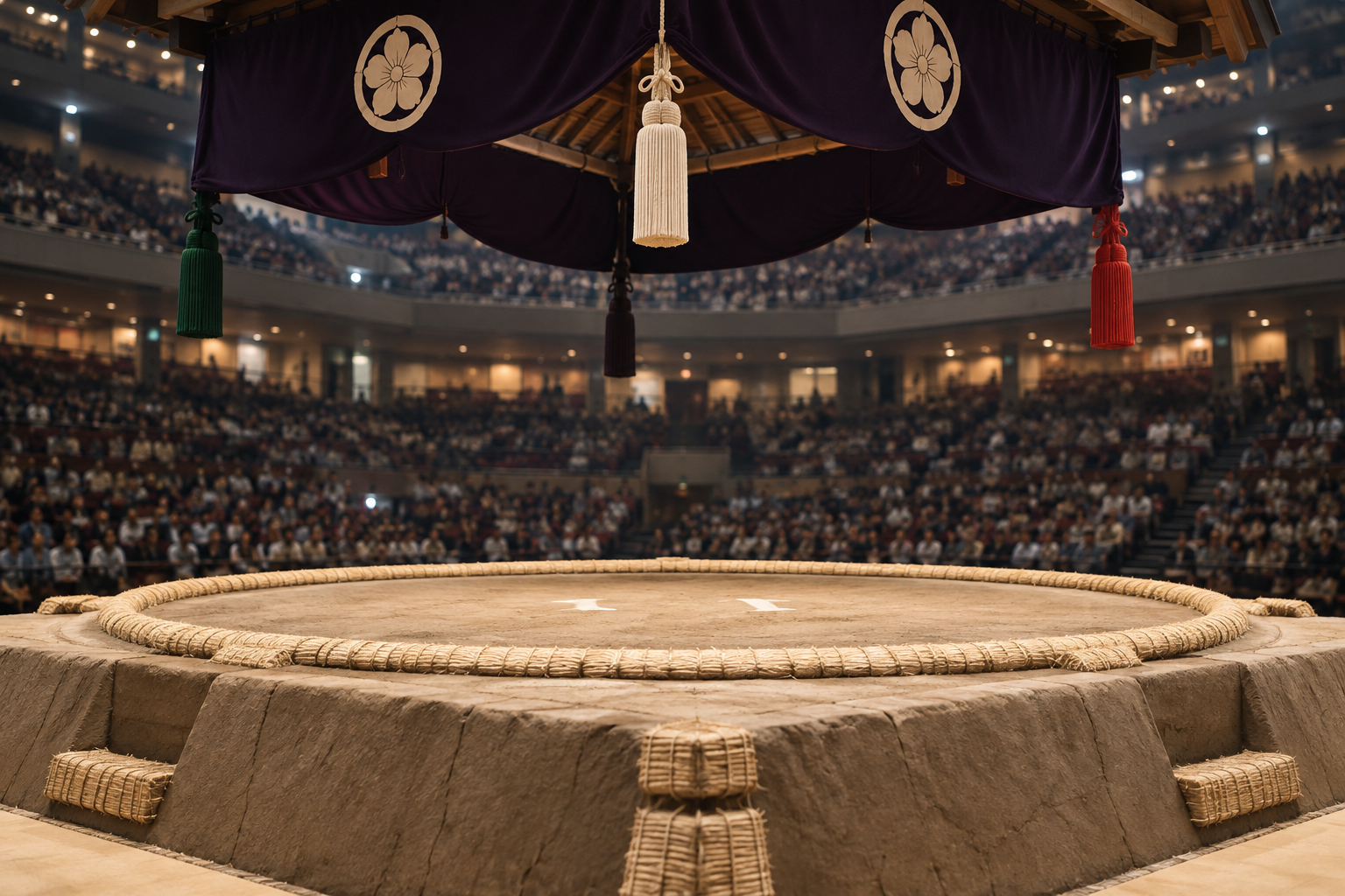 AI-generated illustration, not a photograph of the 2027 tournament: an empty sumo dohyo beneath a traditional canopy