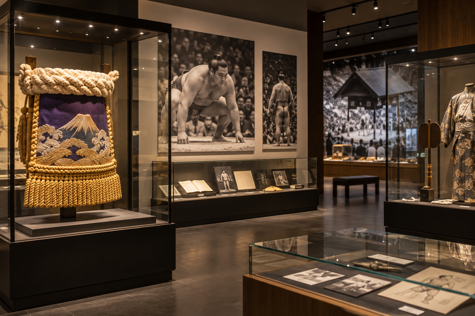 AI-generated illustration: a generic sumo-history gallery, not the official Sumo Museum