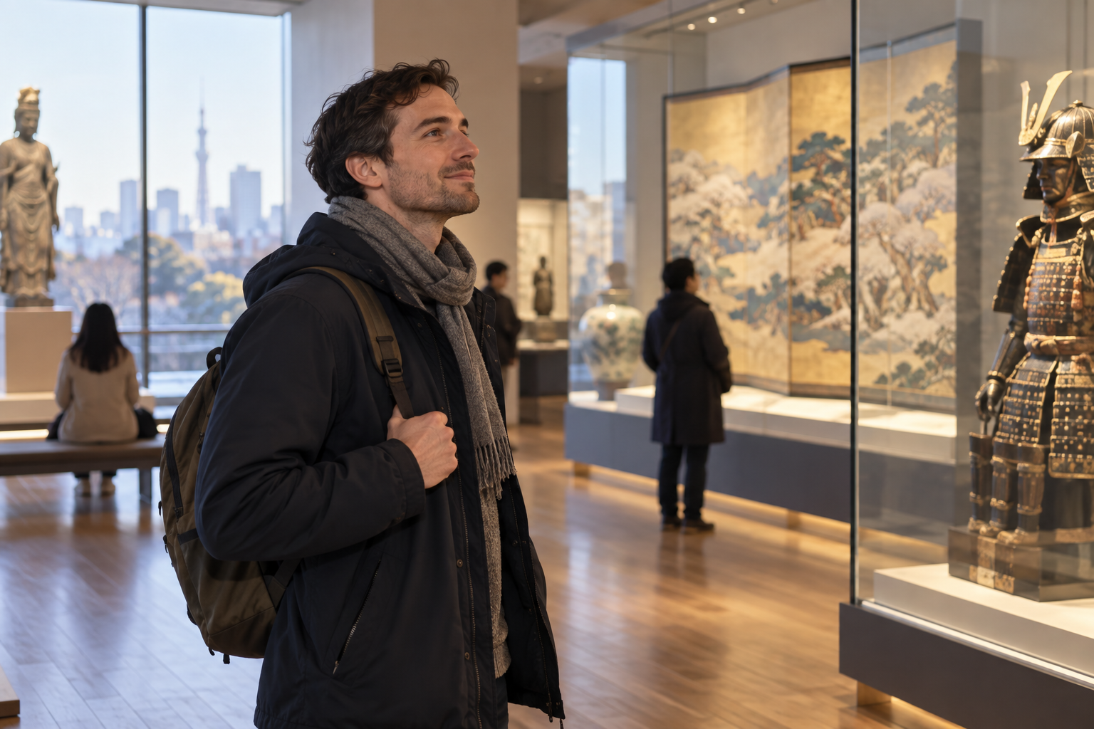 AI-generated illustration: a traveler at an unnamed cultural gallery as a separate indoor Plan B