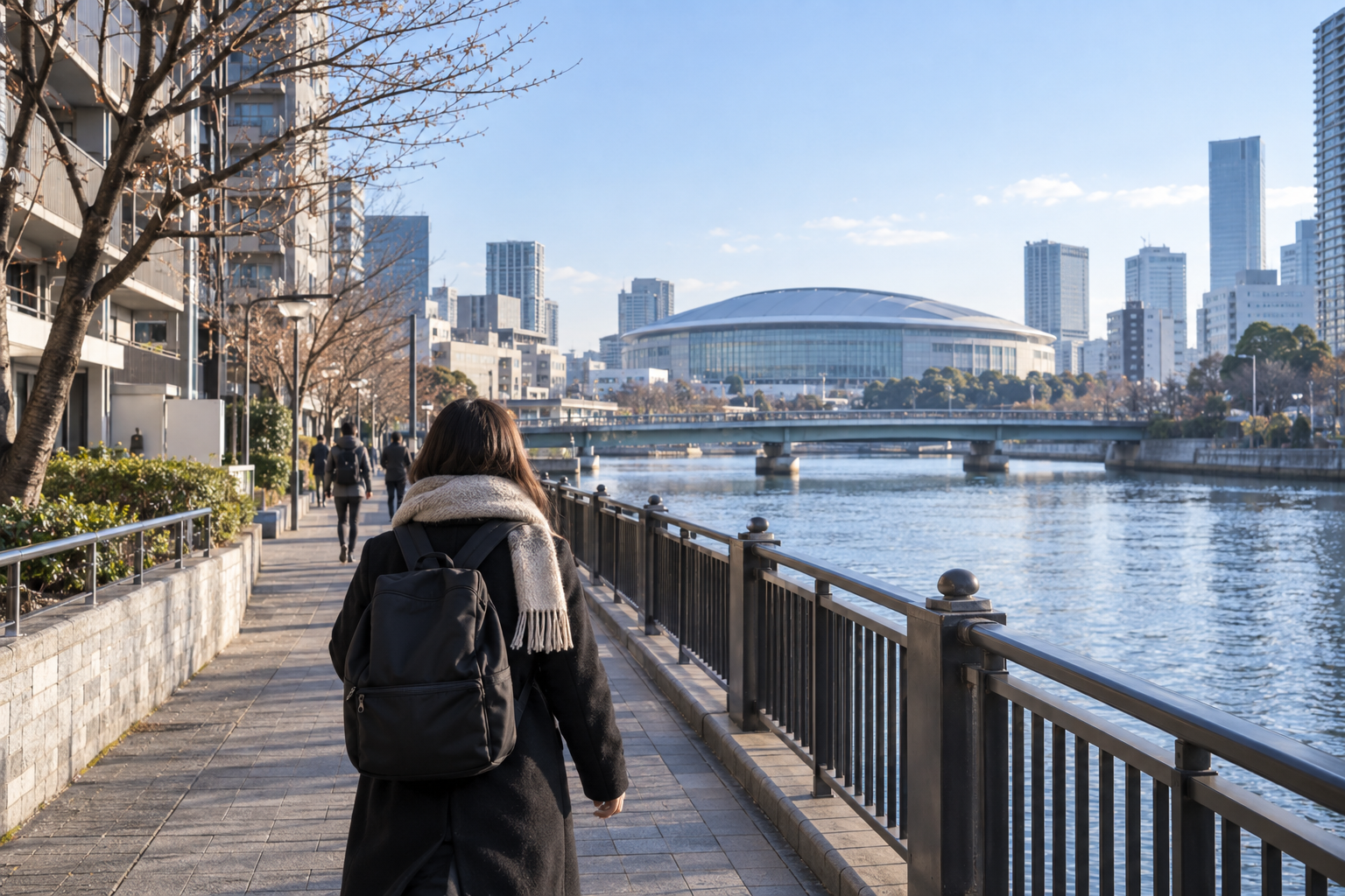 AI-generated illustration: a traveler approaching an unnamed indoor arena district in Tokyo