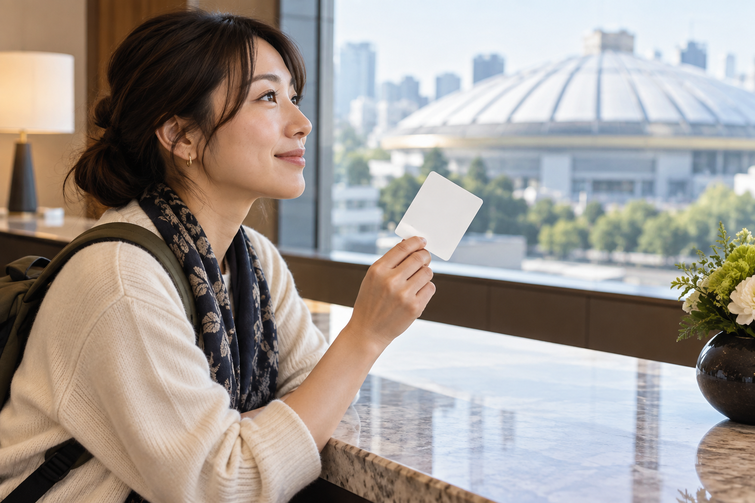 AI-generated illustration: a traveler holding a completely blank card before ticket sales open