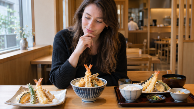 AI-generated image of a traveler comparing individual tempura, tendon, and tempura teishoku