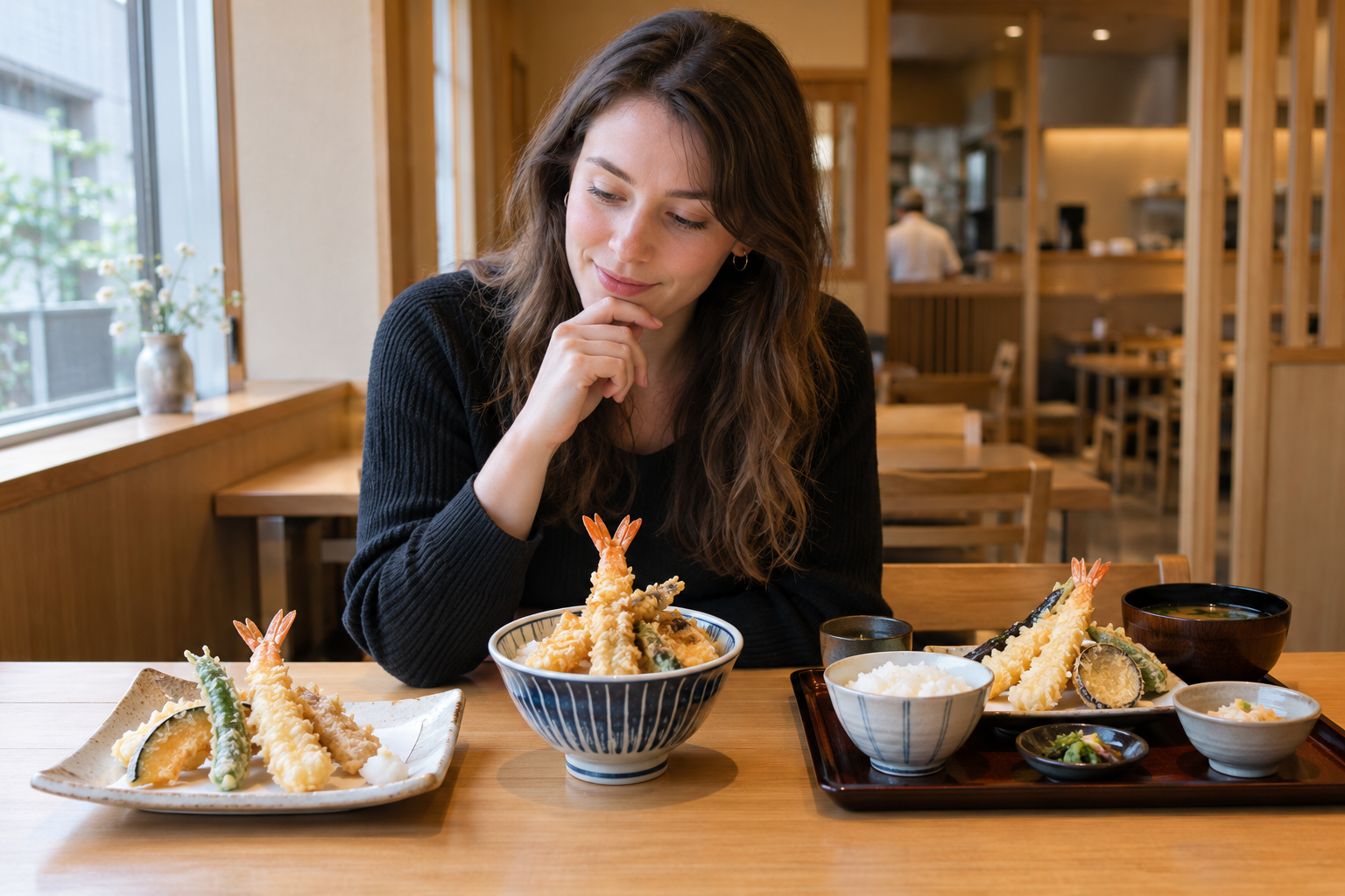AI-generated image of a traveler comparing individual tempura, tendon, and tempura teishoku