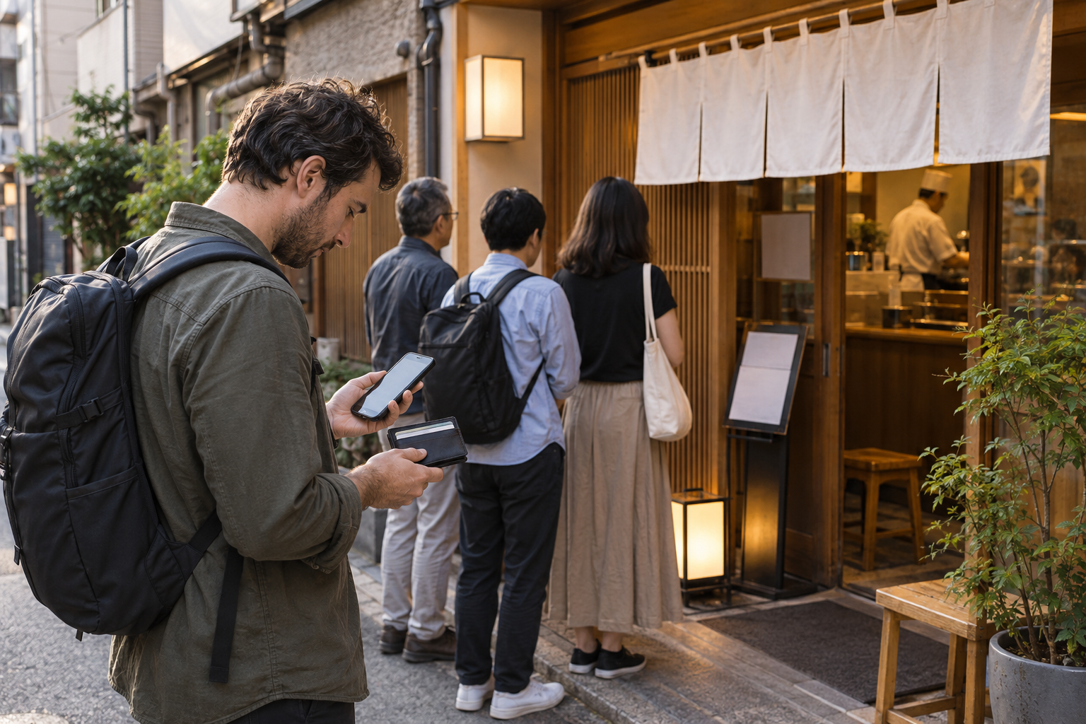 AI-generated image of a traveler checking a queue and payment before joining
