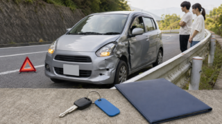 AI-generated editorial illustration of a minor rental-car accident in Japan with the vehicle safely stopped