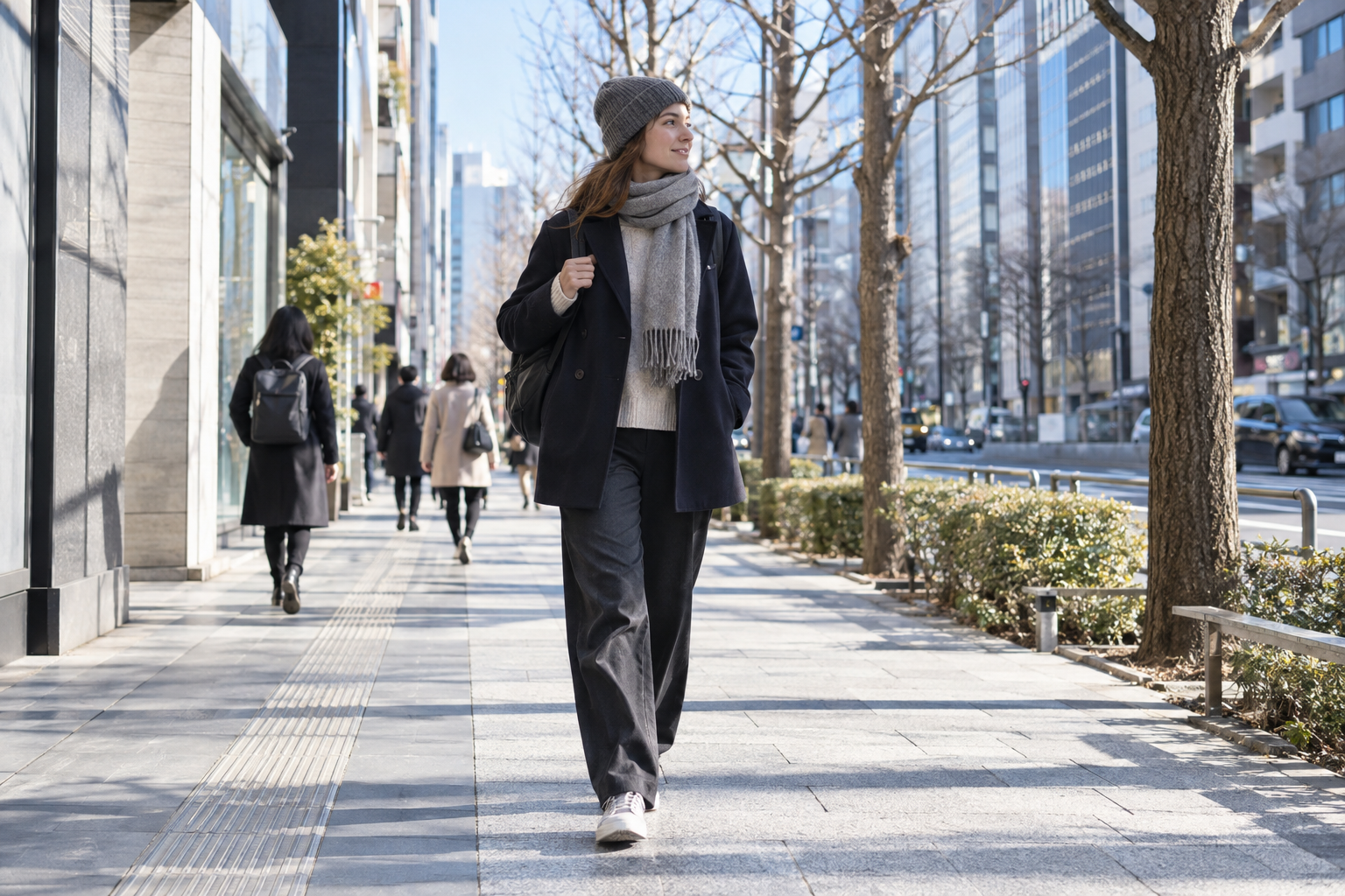 AI-generated editorial image of a traveler wearing removable winter layers in Tokyo.
