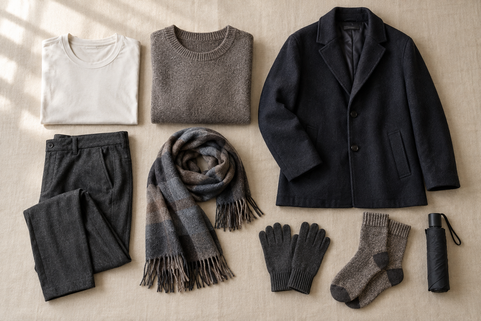 AI-generated editorial flat lay of removable layers for a February day in Tokyo.