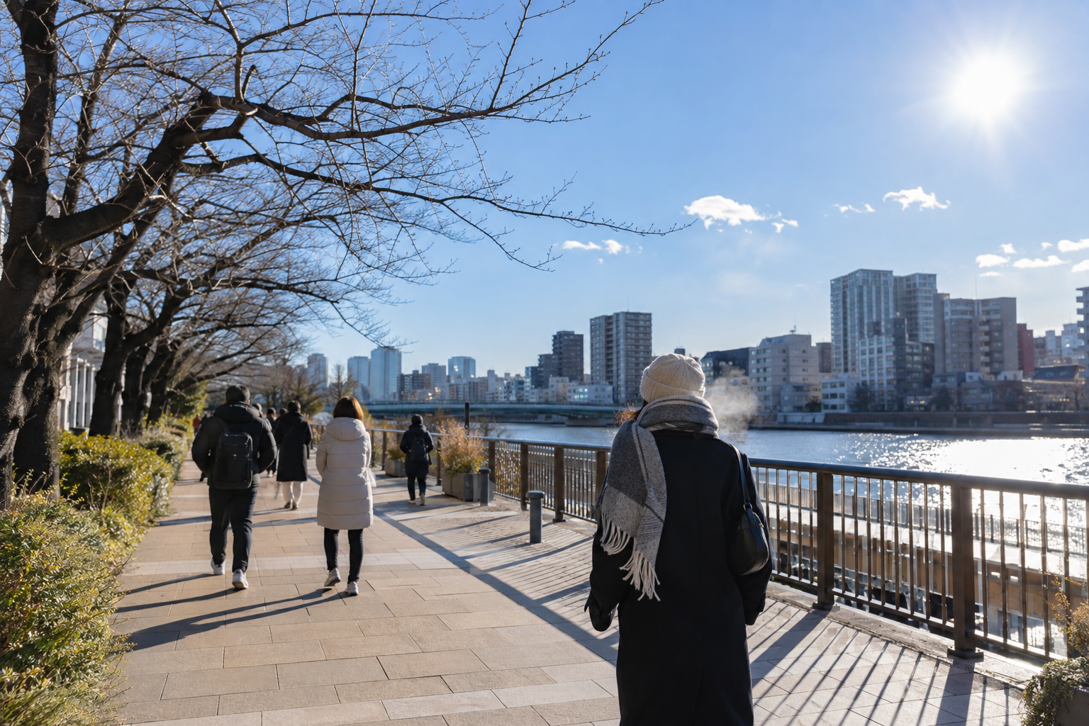 AI-generated editorial image of a clear, cold February day in Tokyo.