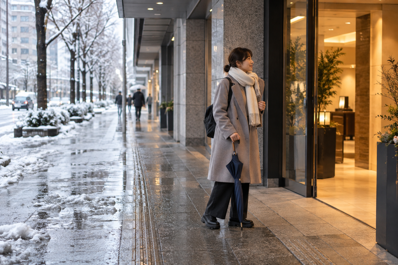 AI-generated editorial image of wet or icy pavement and a weather Plan B in Tokyo.