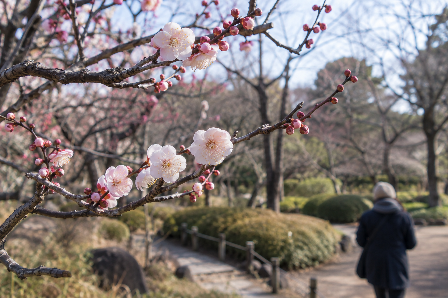 AI-generated editorial image of plum blossoms in a generic Tokyo park.
