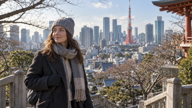 AI-generated illustration of a winter traveler in Tokyo.