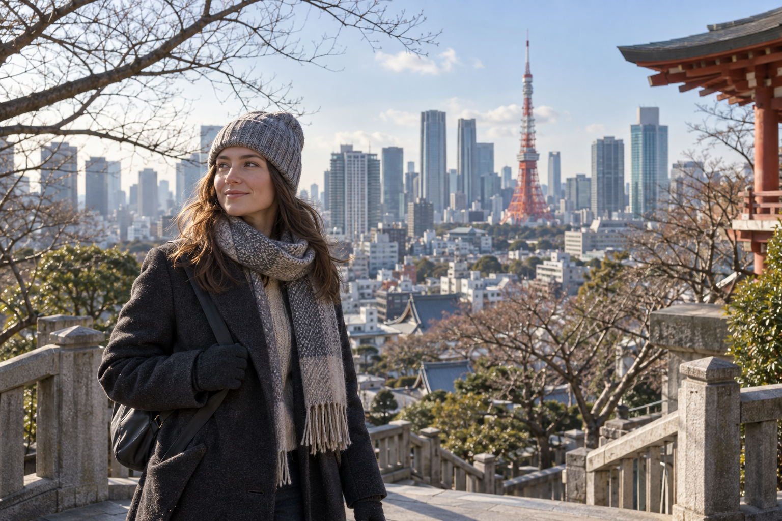 AI-generated illustration of a winter traveler in Tokyo.