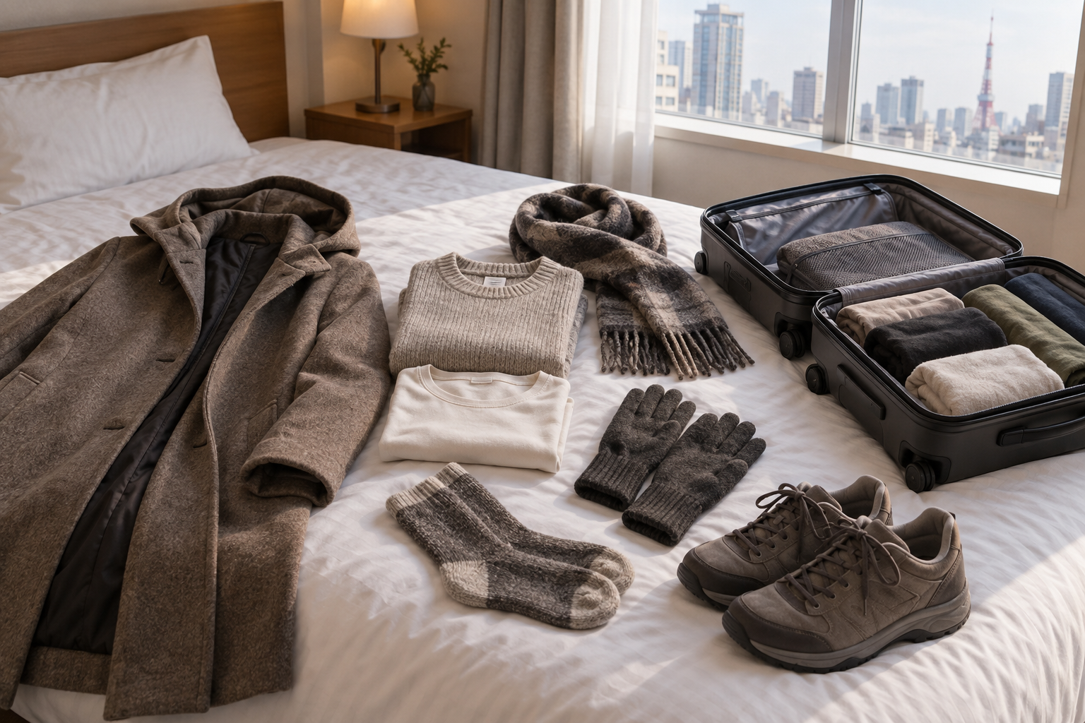 AI-generated illustration of removable winter layers for Tokyo.