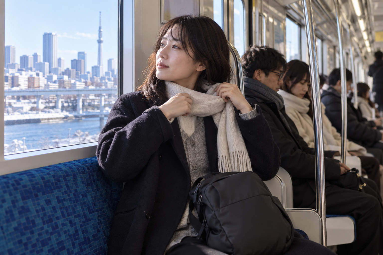 AI-generated illustration of a traveler adjusting layers on a heated train.