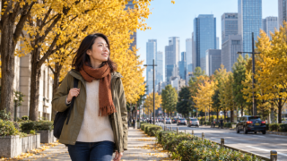 AI-generated image of a traveler walking through Tokyo autumn foliage