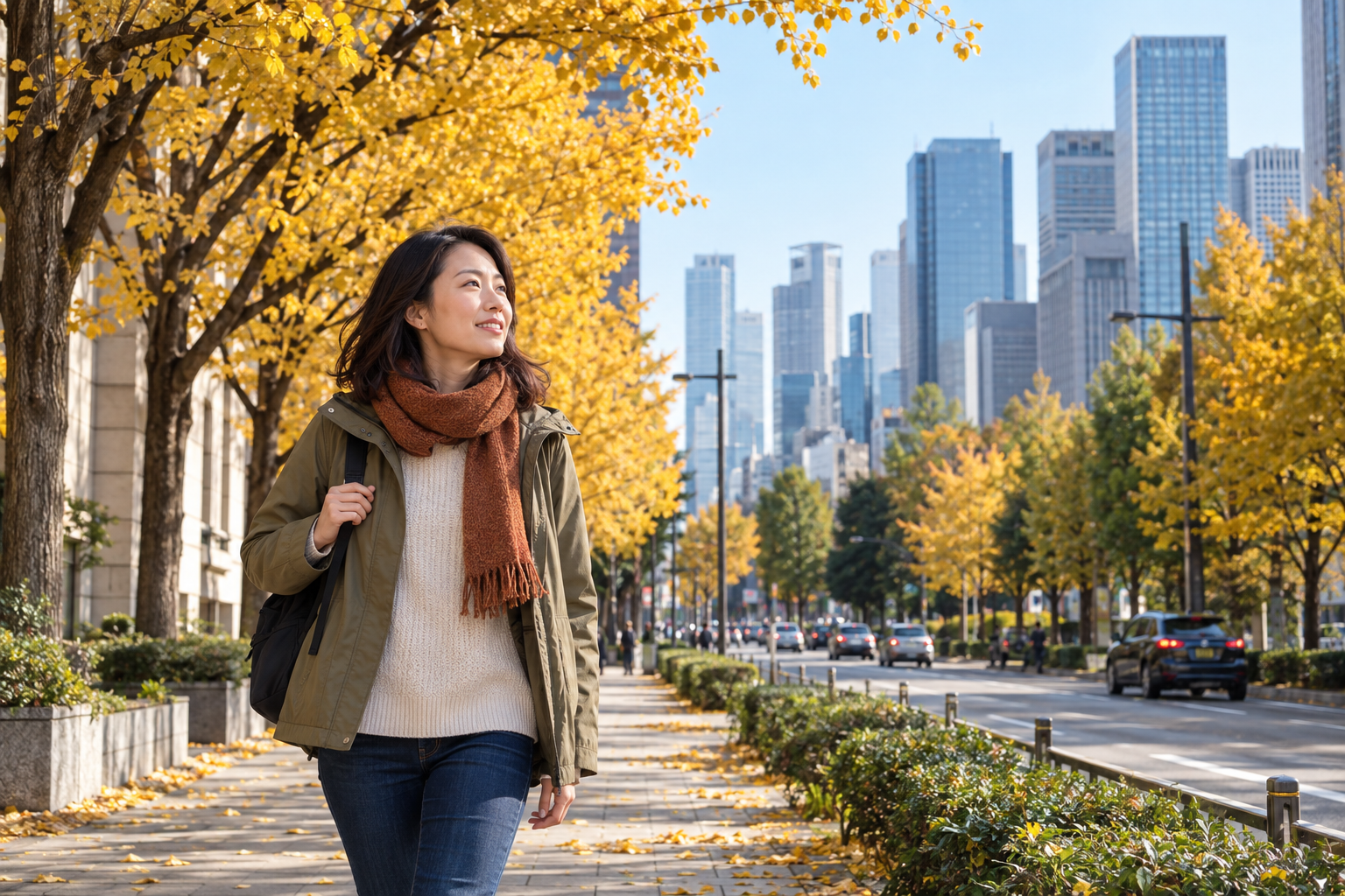 AI-generated image of a traveler walking through Tokyo autumn foliage