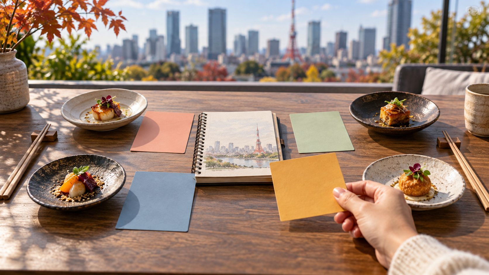 Four blank choice cards and generic tasting plates arranged around a travel notebook for a Tokyo food-event planning concept