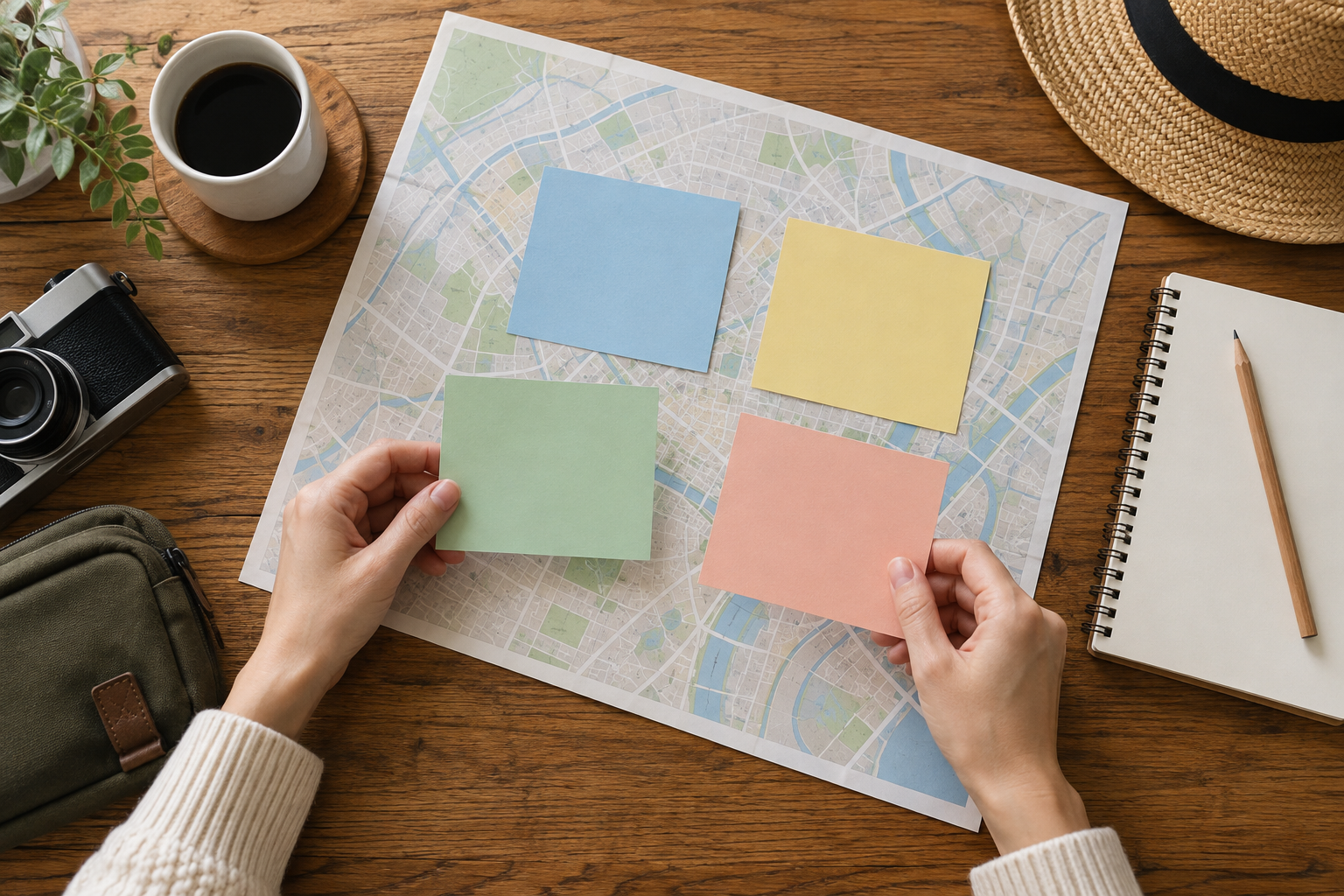 Traveler comparing four blank cards over an unlabelled planning map
