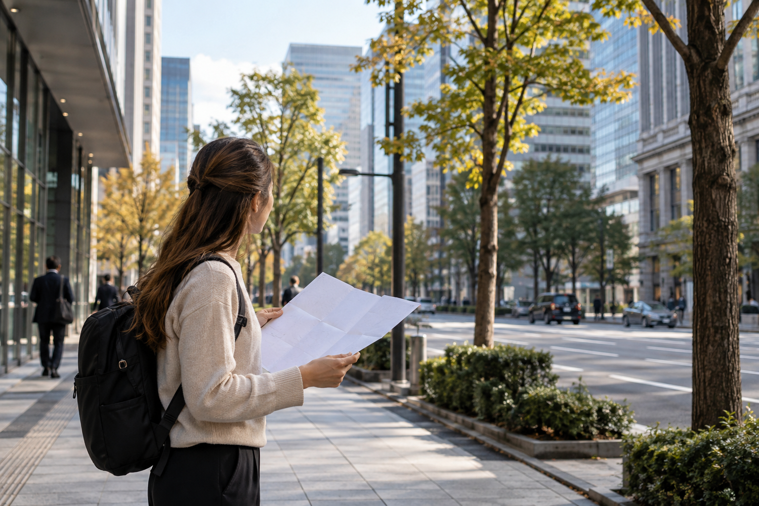 Traveler holding a blank folded plan in a generic central Tokyo business district