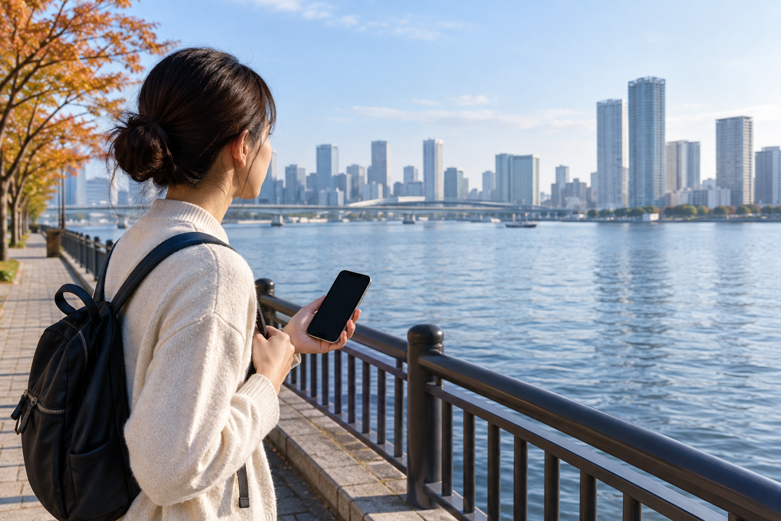 Traveler with a blank phone screen beside a generic Tokyo waterfront promenade