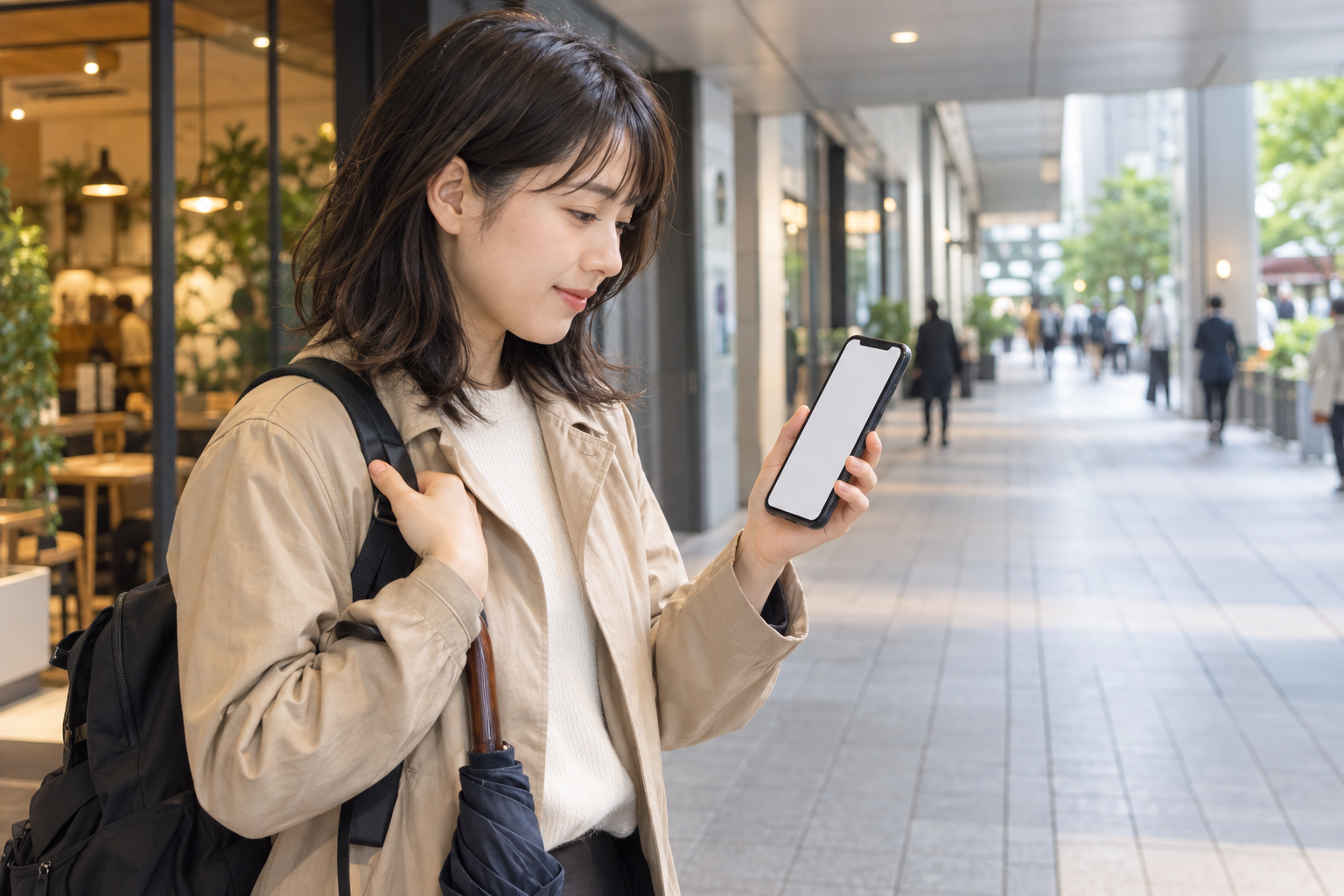 Traveler checking a blank phone under a generic covered urban walkway