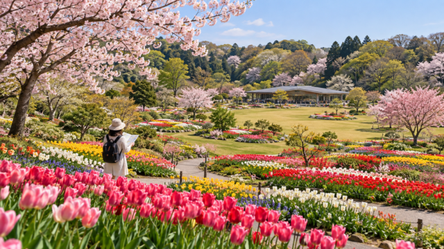 Conceptual spring flower exhibition garden with cherry trees and broad flower beds
