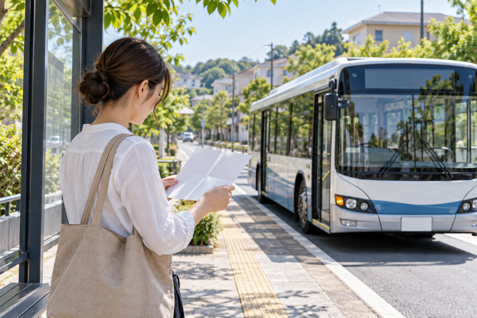 A visitor checks a blank route sheet beside a generic shuttle bus