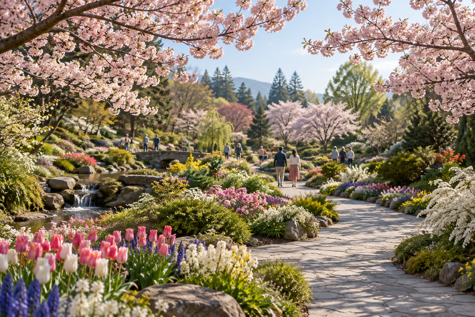 Conceptual spring garden walk framed by cherry blossom and seasonal flowers