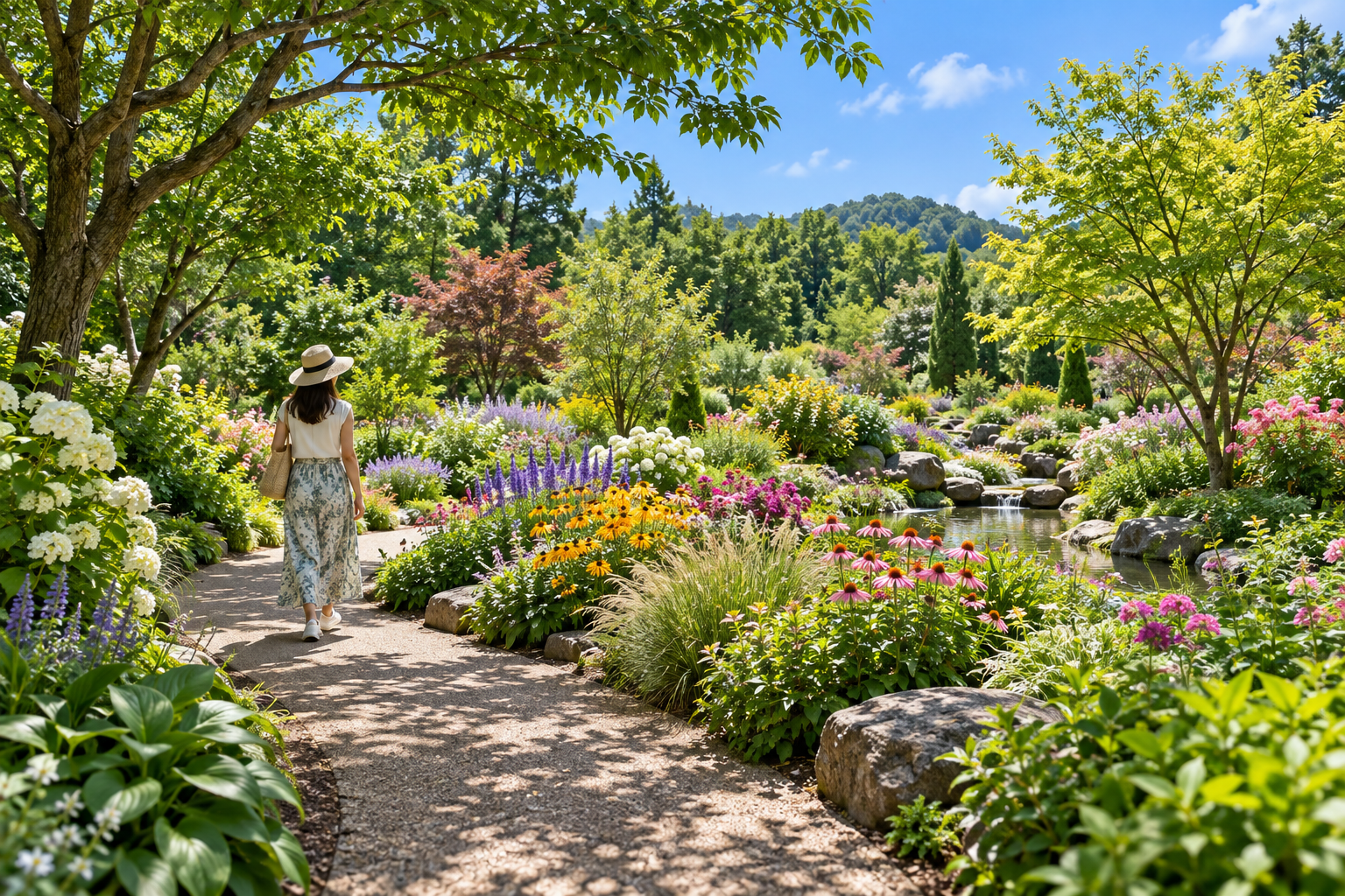 Conceptual summer flower garden with a visitor wearing a sun hat