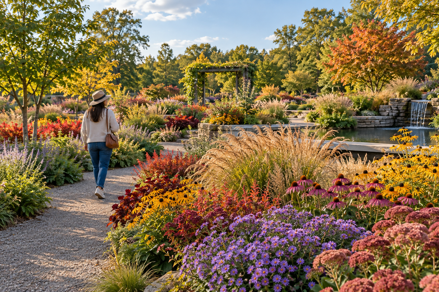 Conceptual early-autumn horticultural garden with flowers and grasses