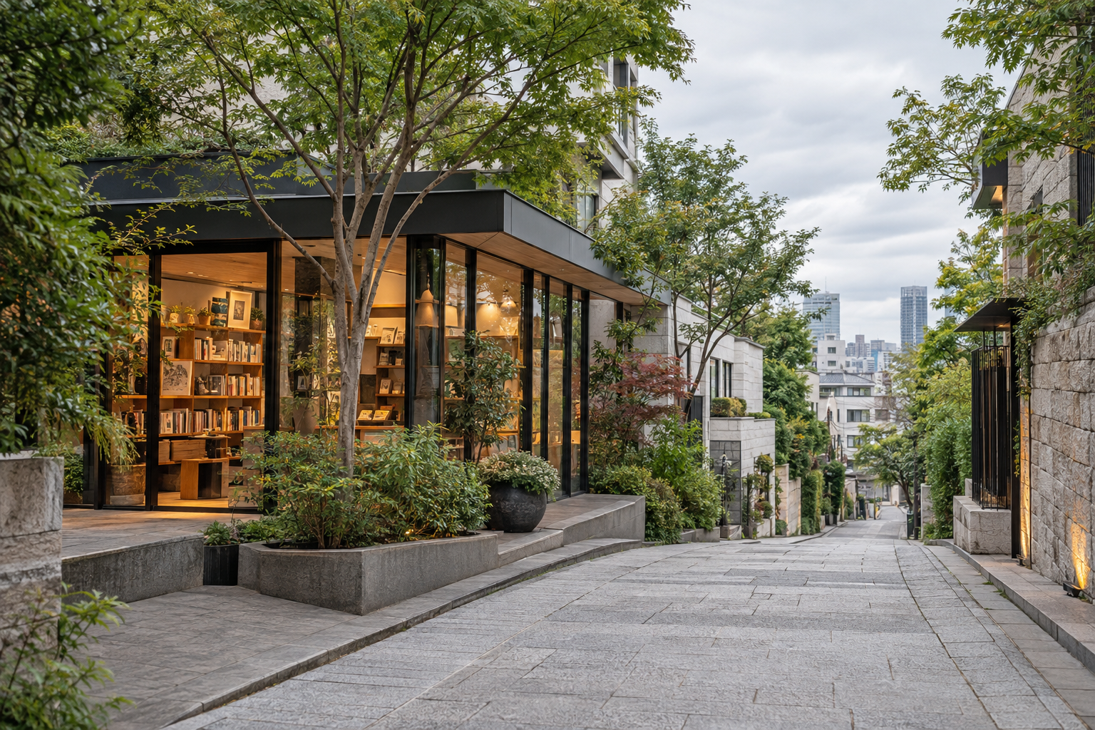 A leafy low-rise shopping lane in an urban Tokyo setting — photorealistic AI concept