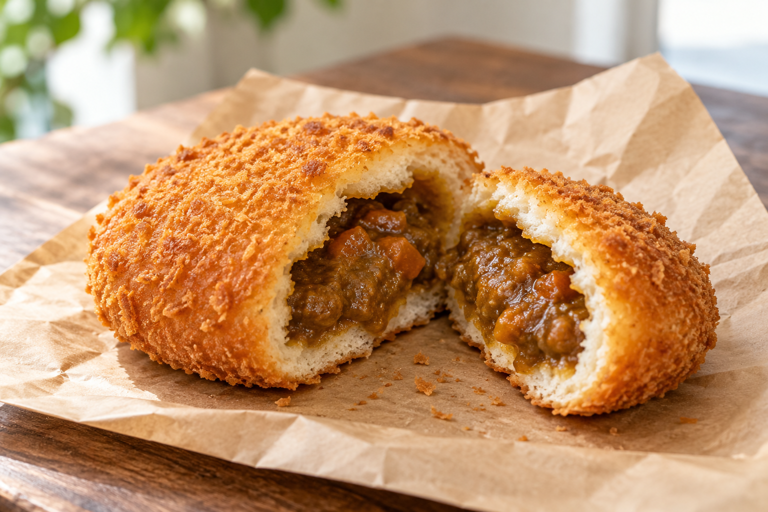 A curry bread roll cut to reveal its cooked filling — photorealistic AI concept