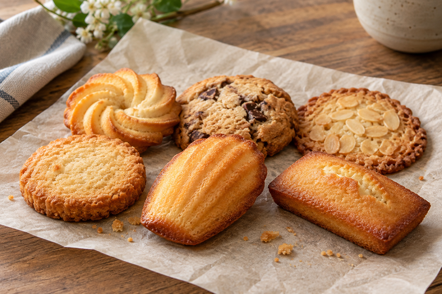 A few French-style cookies and a financier on parchment — photorealistic AI concept