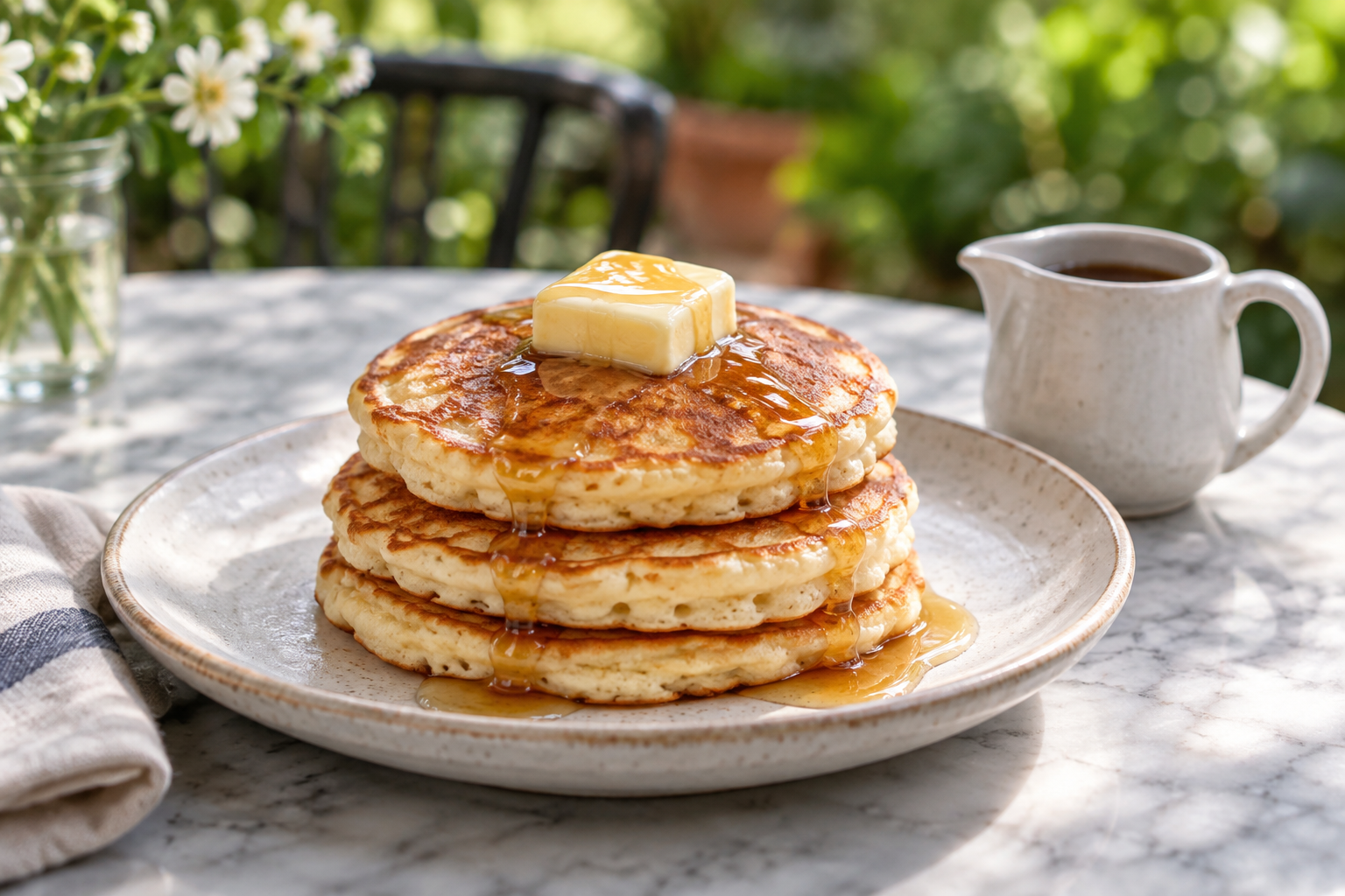 Three small pancakes with butter and a separate syrup jug — photorealistic AI concept