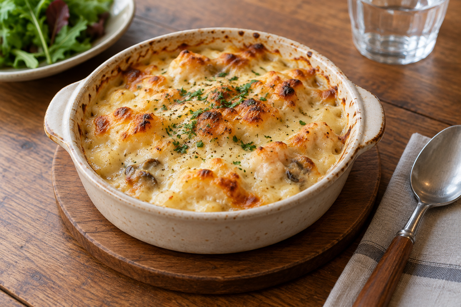 An individual baked gratin in a ceramic dish — photorealistic AI concept