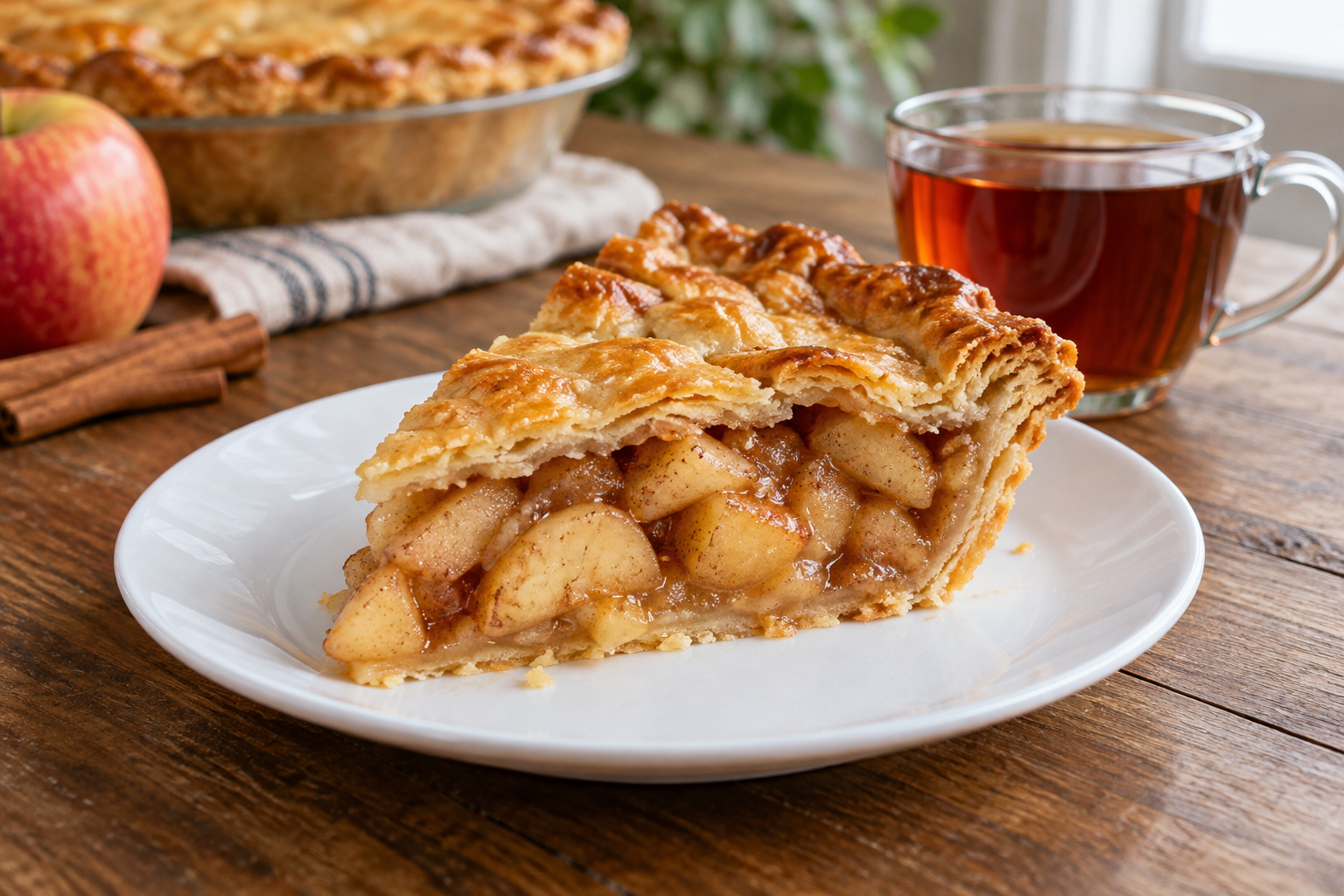 A slice of apple pie with visible cooked apple pieces — photorealistic AI concept