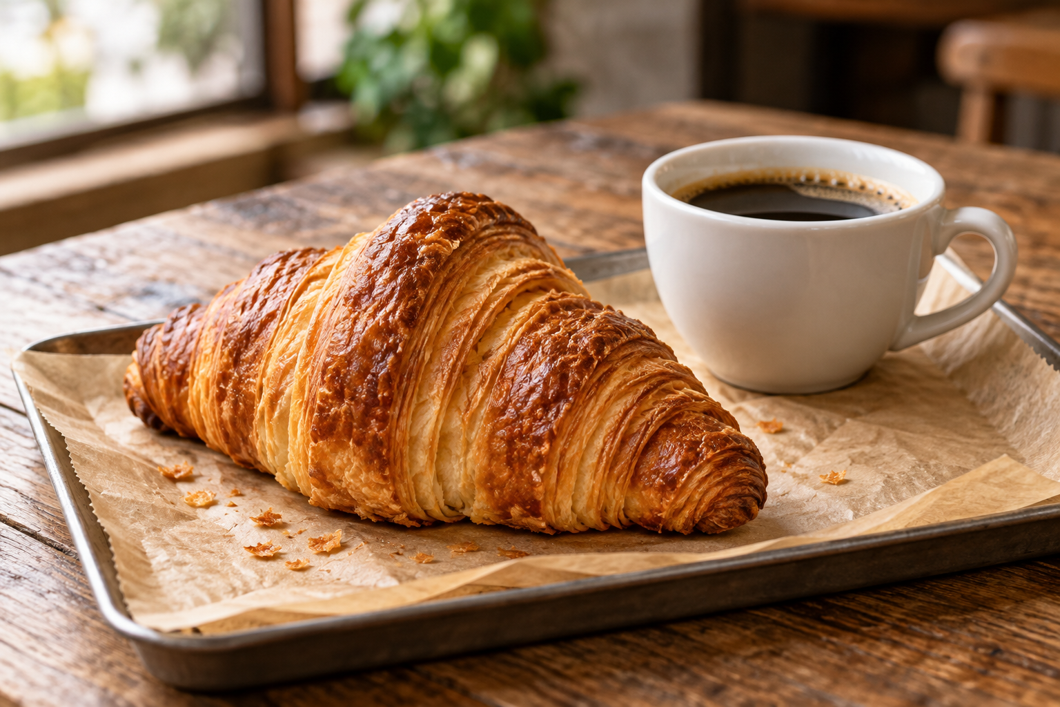 A flaky croissant beside a small plain coffee cup — photorealistic AI concept