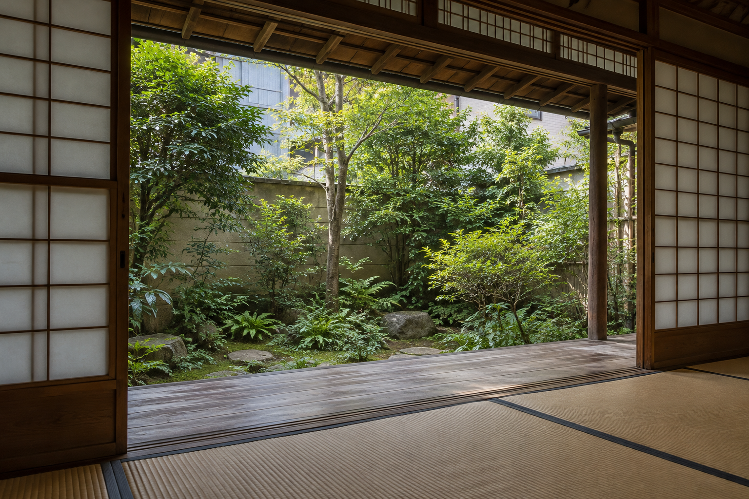 A tatami room and engawa veranda facing a small enclosed garden — photorealistic AI concept