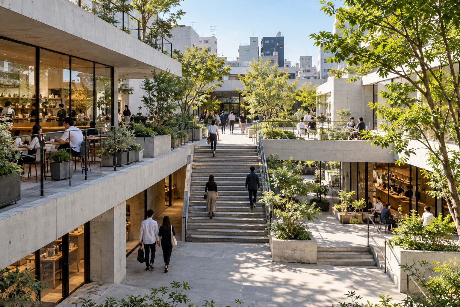 A low-rise modernist complex with a courtyard and broad steps — photorealistic AI concept