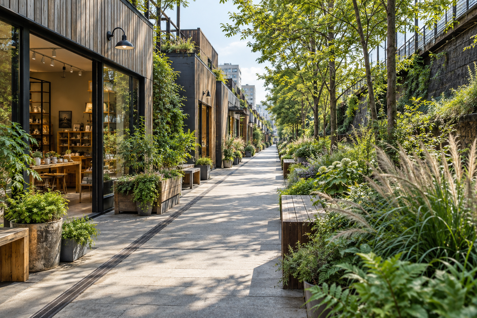 A narrow pedestrian promenade with timber-clad shops and planting — photorealistic AI concept
