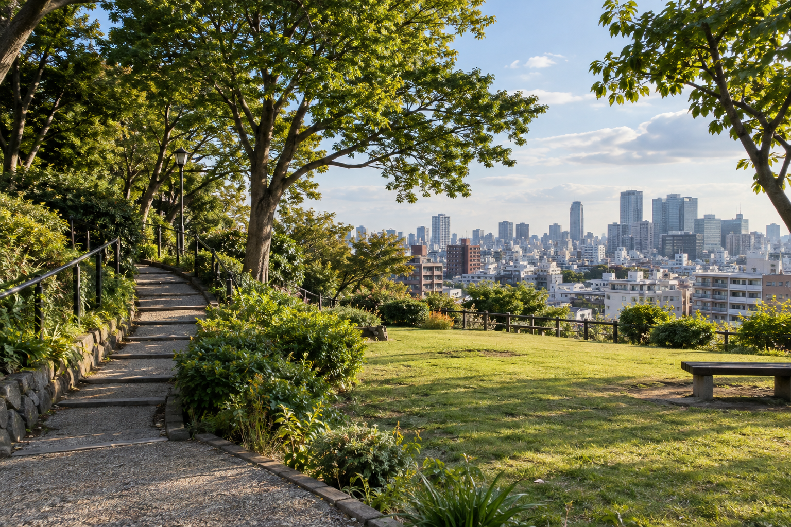 A sloping neighborhood park above Tokyo rooftops — photorealistic AI concept