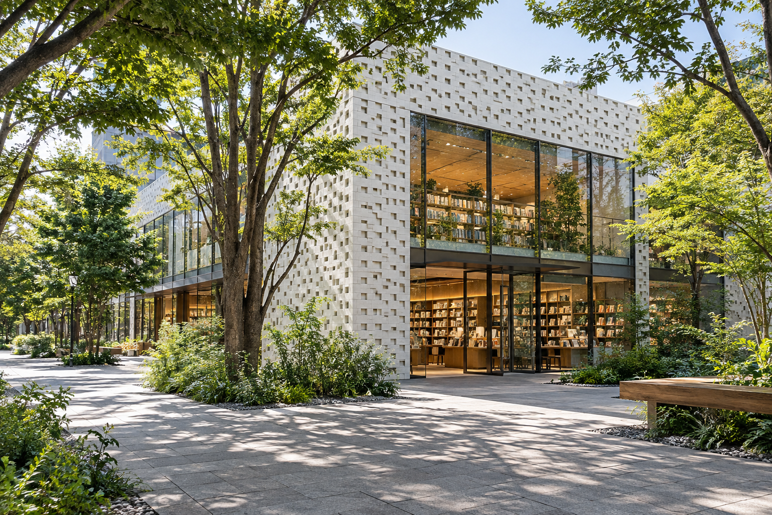 A contemporary bookshop pavilion facing a wooded forecourt — photorealistic AI concept
