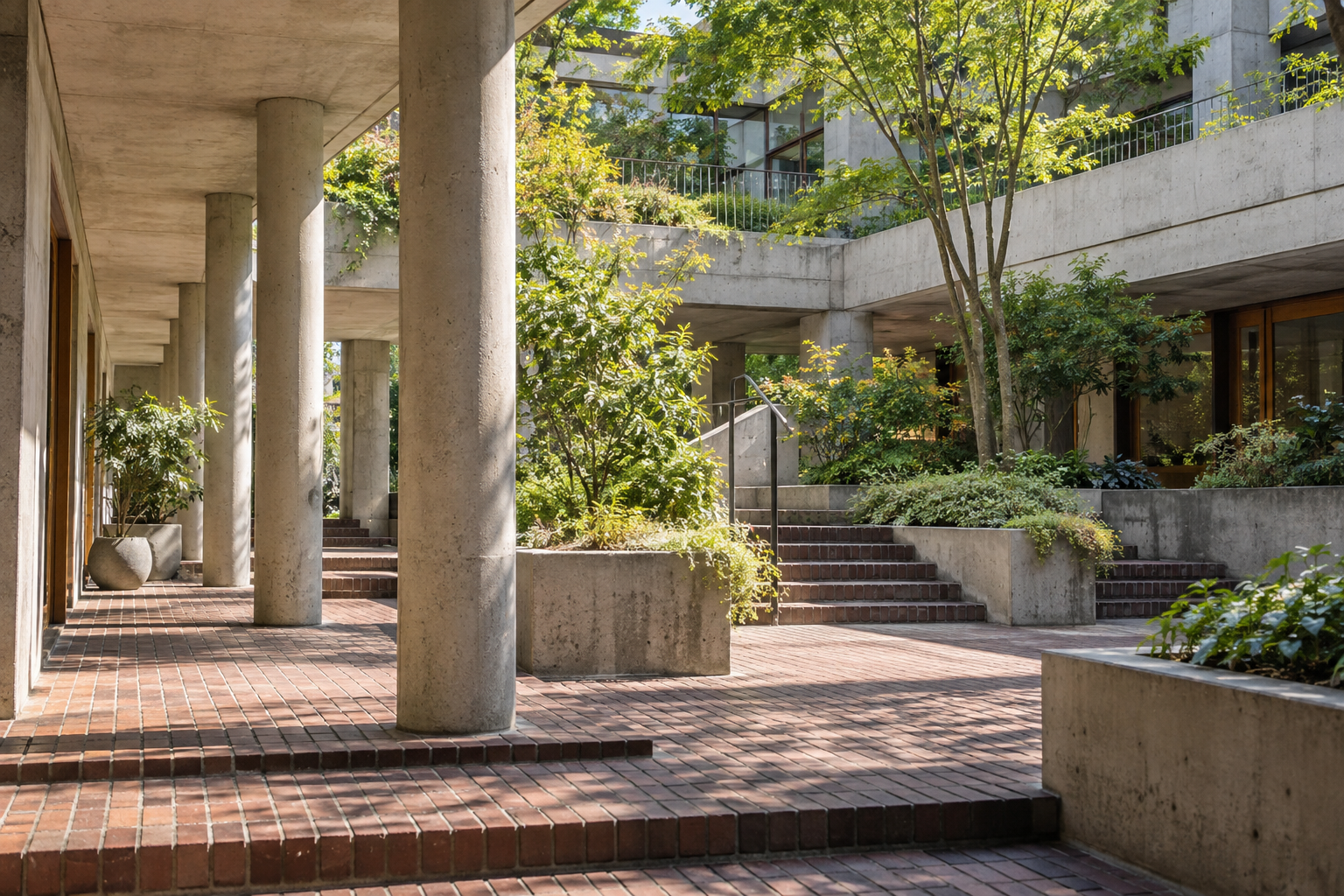 A pale concrete colonnade and brick courtyard with planted terraces — photorealistic AI concept