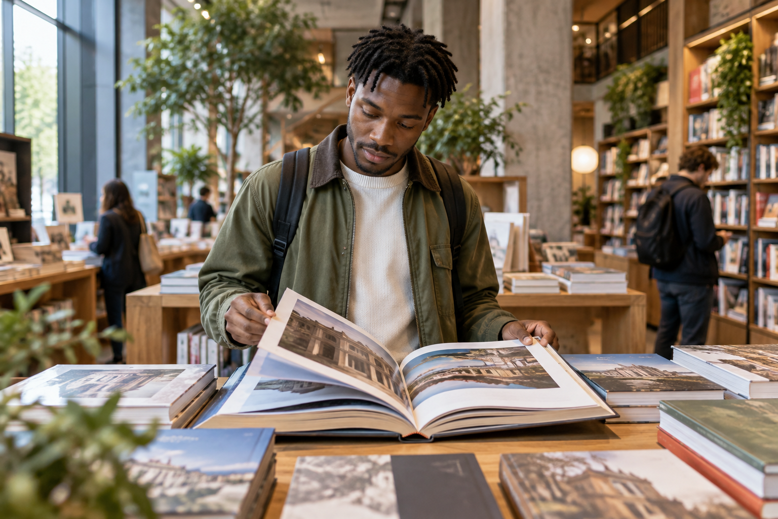 A young adult male traveler browsing an architecture book — photorealistic AI concept