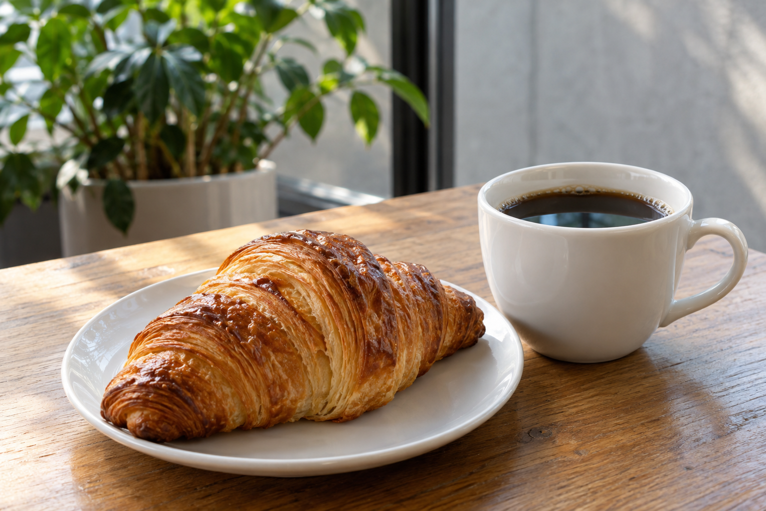 Coffee and a croissant on a cafe table against a plant and neutral wall — photorealistic AI concept
