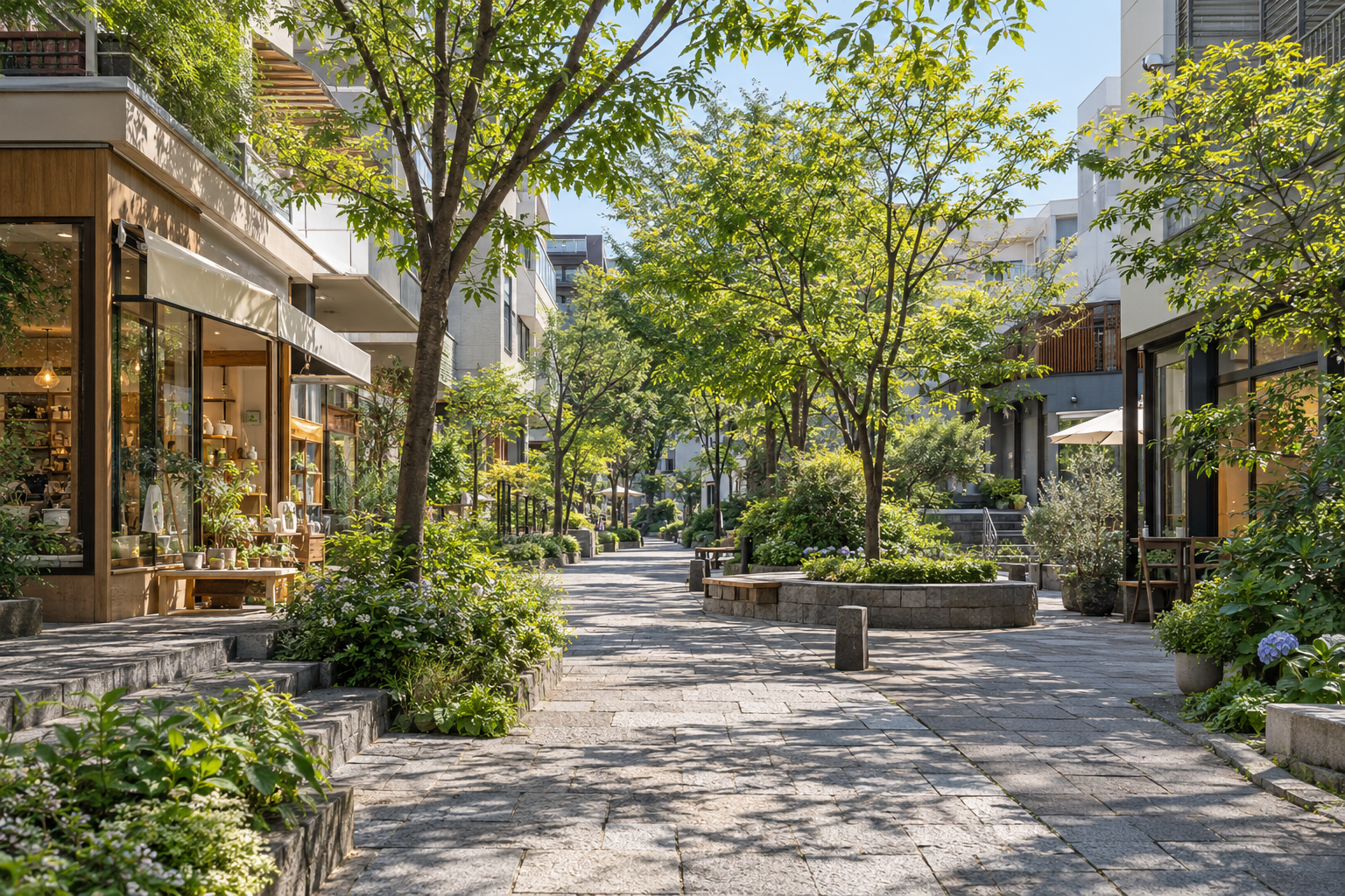 A tree-lined pedestrian greenway beside low-rise shopping streets — photorealistic AI concept