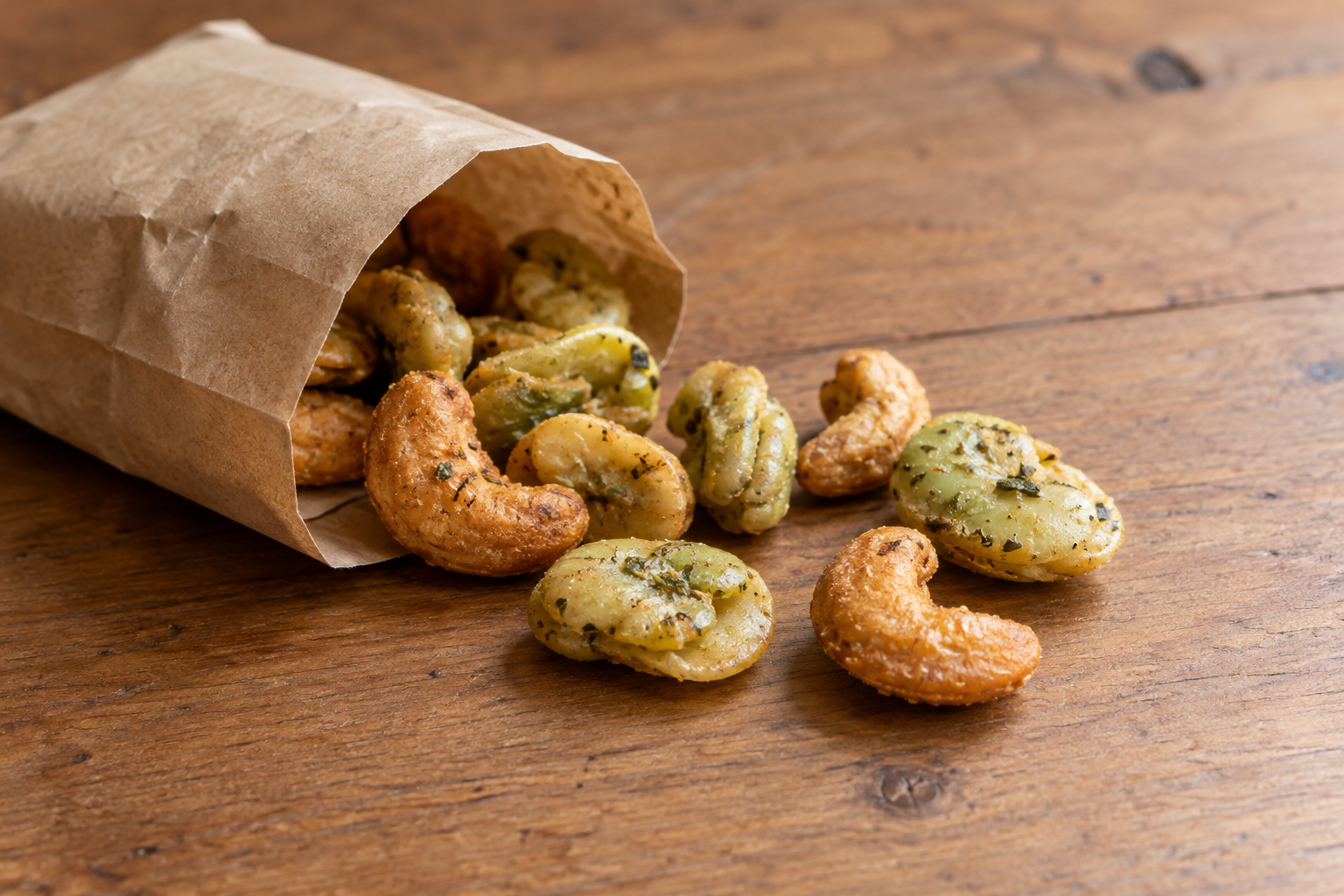 A few coated nuts and bean snacks beside an unbranded paper pouch — photorealistic AI concept