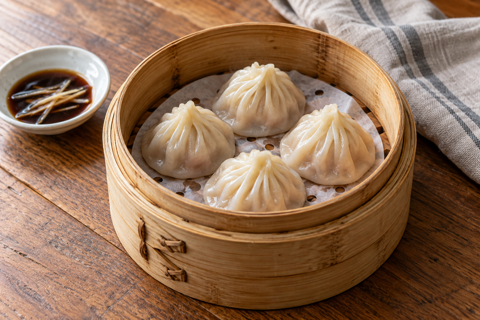 Chinese steamed dumplings in a small bamboo basket — photorealistic AI concept