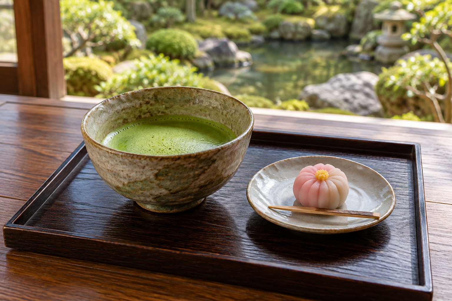 A bowl of matcha and a small wagashi on a wooden tray — photorealistic AI concept