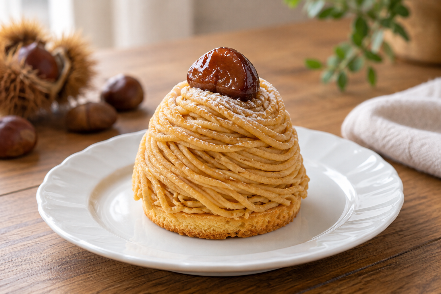 A classic yellow-chestnut Mont Blanc cake with a glazed chestnut — photorealistic AI concept